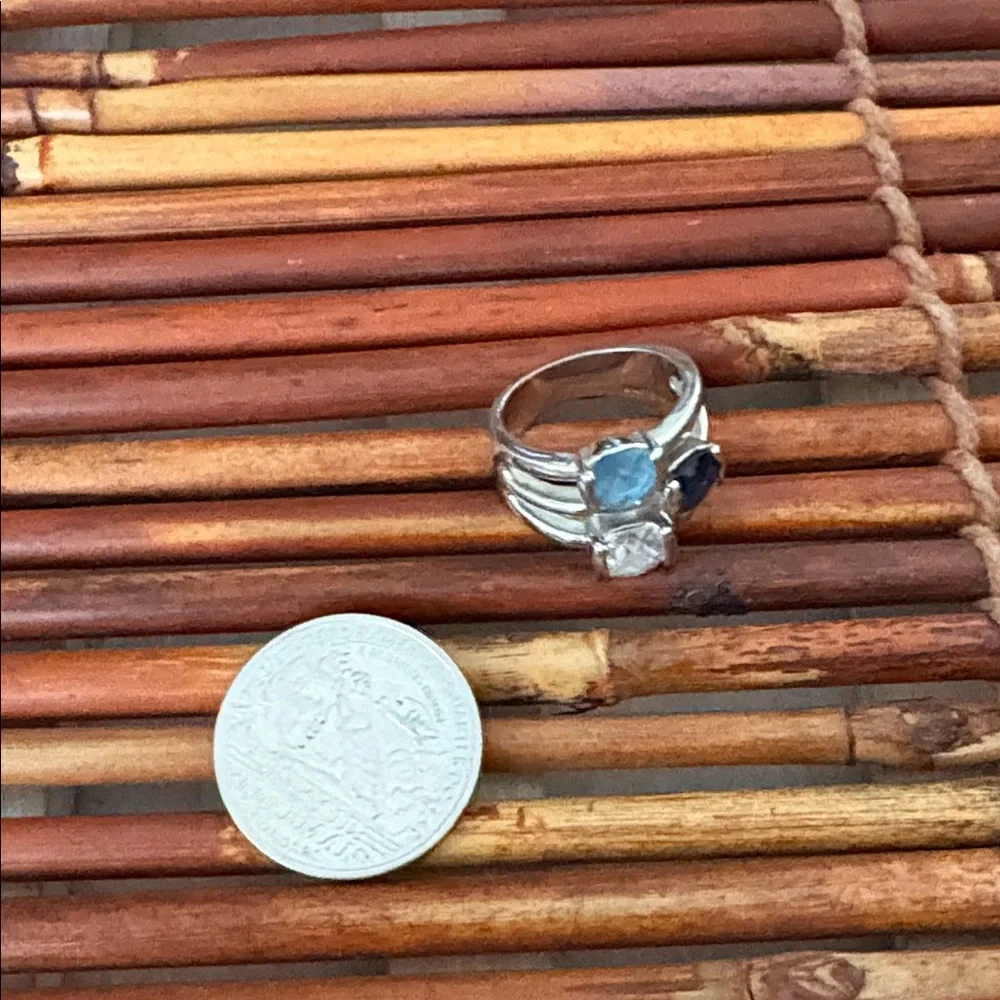 Lia Sophia Silver Ring with Aqua and Navy Stones Size 6